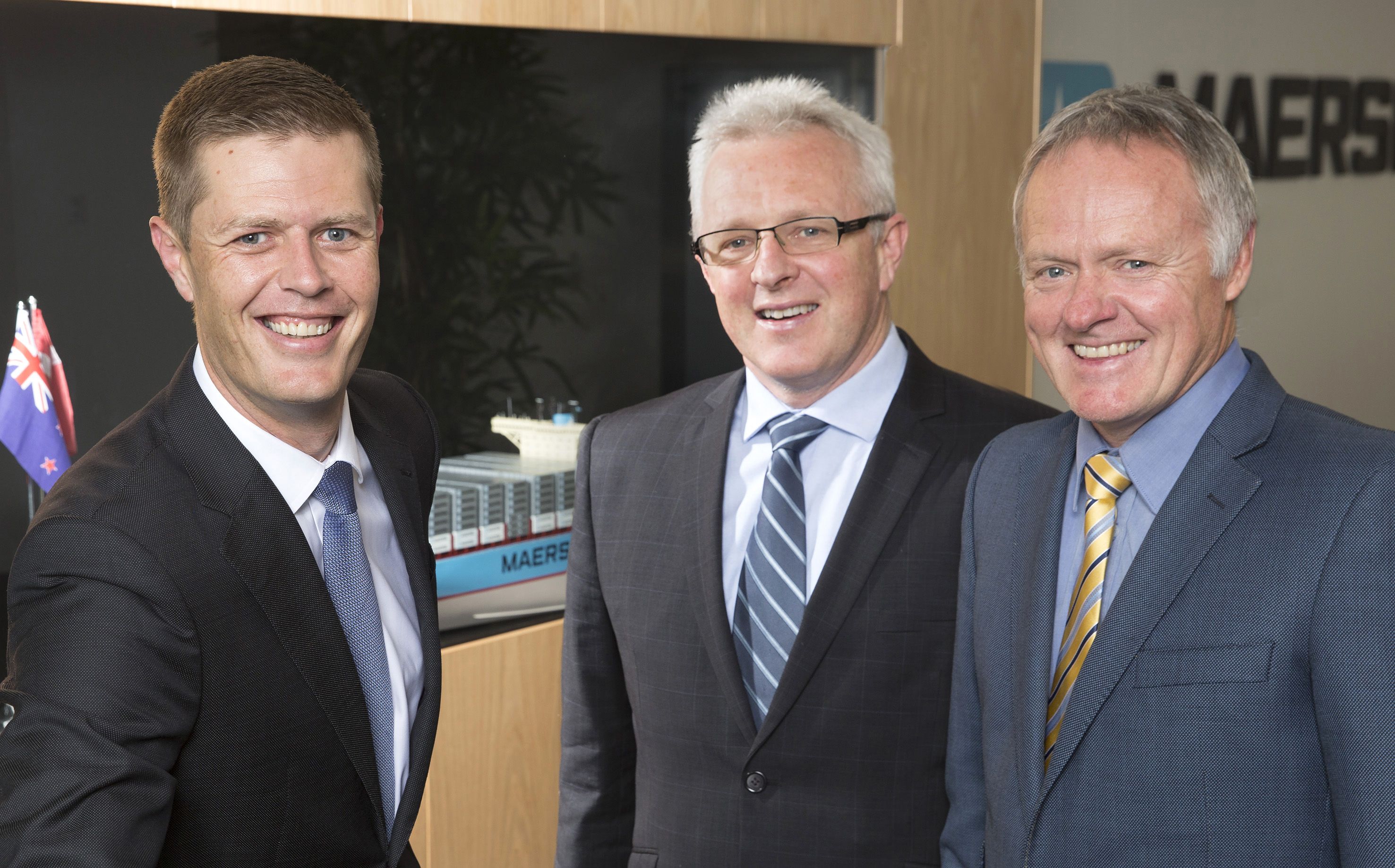 Maersk Line Oceania managing drector Gerard Morrison, Kotahi chief executive David Ross and Port of Tauranga chief executive Mark Cairns. Photo/Supplied